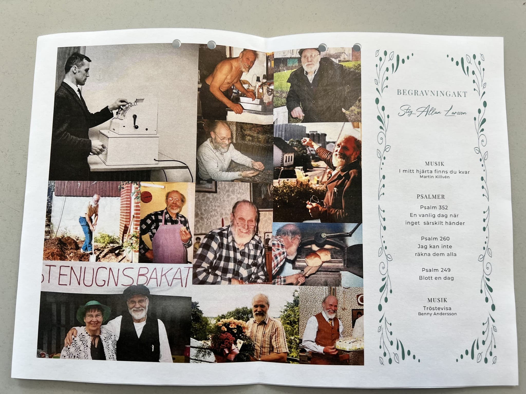 Kollage av bilder som hyllar en persons liv, med minnen från familj, arbete och fritid, samt en begravningsakt med psalmer och musik.